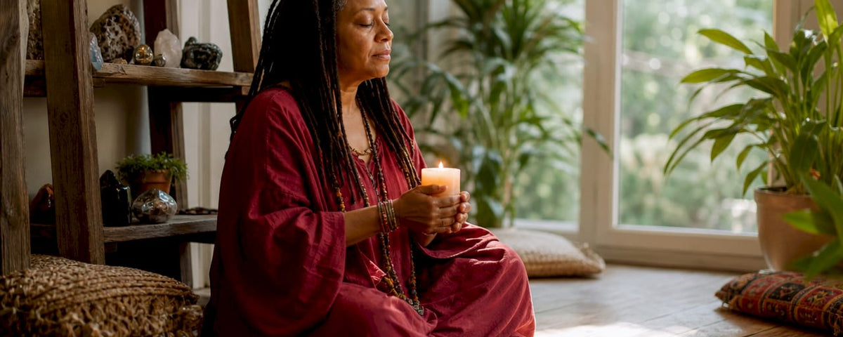 Woman meditating with candle in home altar room