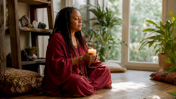 Woman meditating with candle in home altar room