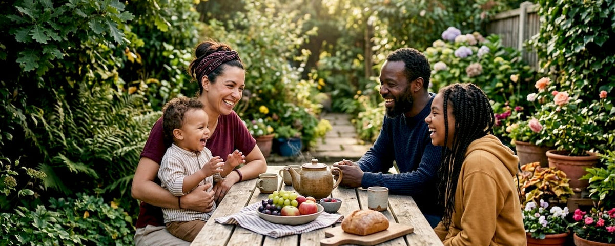 Diverse family sharing morning greeting in kitchen
