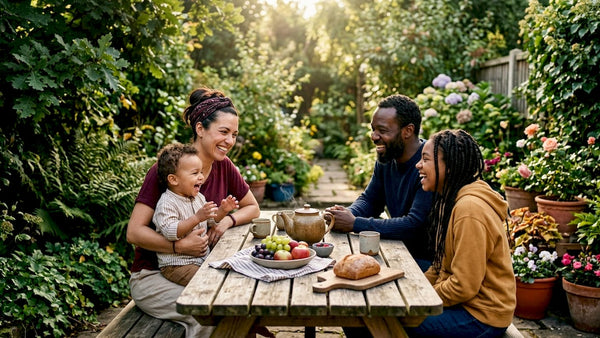Diverse family sharing morning greeting in kitchen
