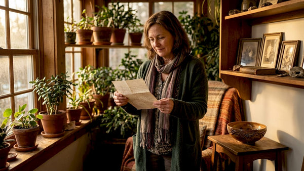 Woman reflecting with family letter at kitchen table