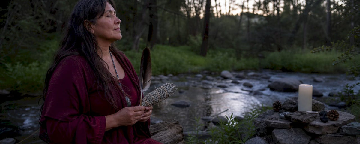 Indigenous woman performing ancestral healing ritual