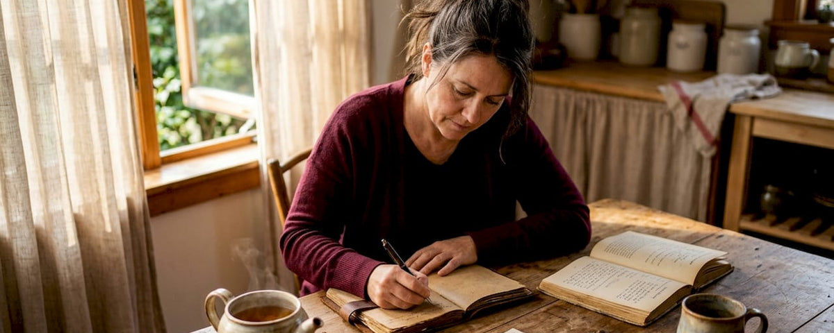 Contemplative woman reflecting alone at kitchen table