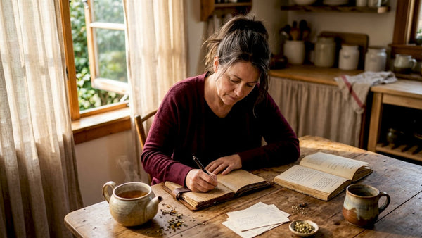 Contemplative woman reflecting alone at kitchen table
