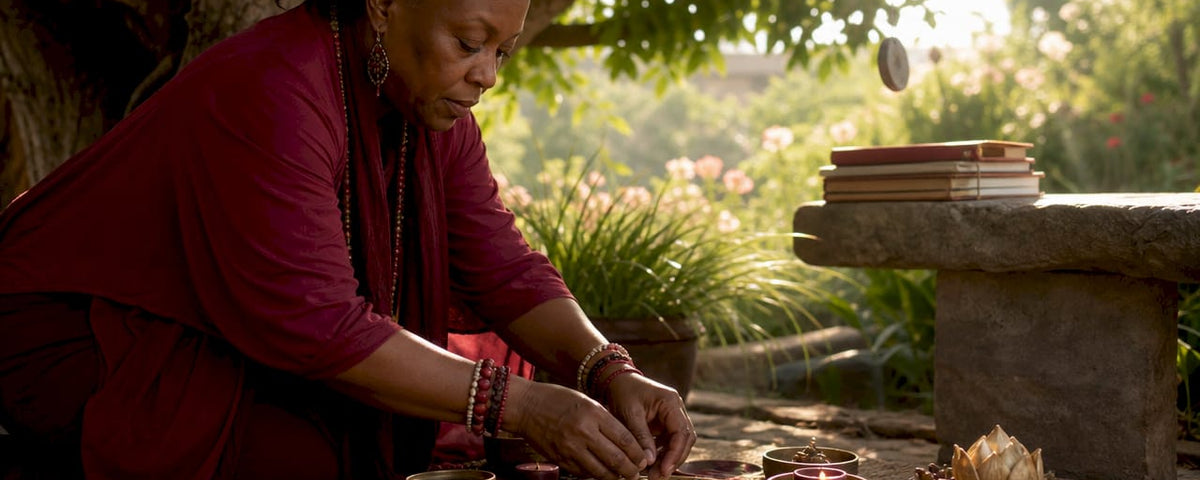 Woman preparing items for business blessing ceremony