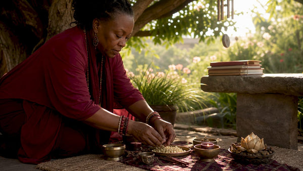 Woman preparing items for business blessing ceremony
