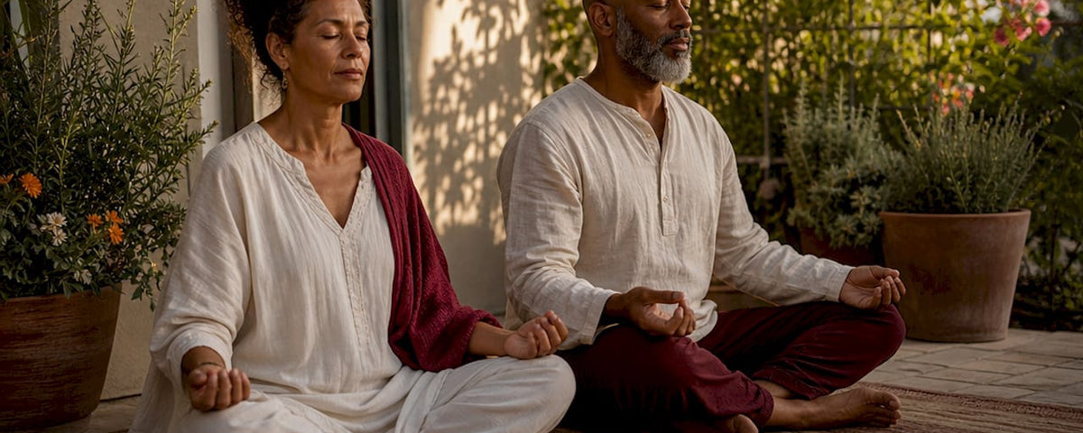 Couple meditating together in living room