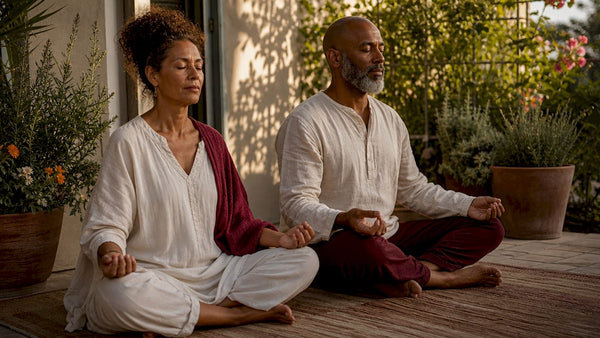 Couple meditating together in living room