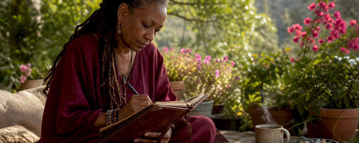 Woman writing financial intentions in notebook