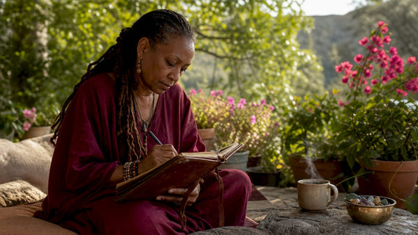 Woman writing financial intentions in notebook