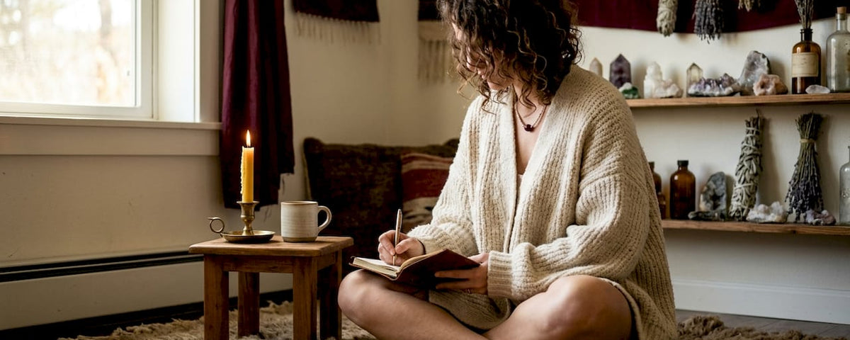 Woman journaling in spiritual healing space