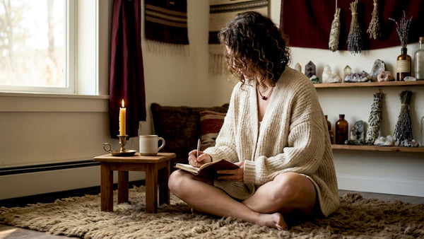 Woman journaling in spiritual healing space