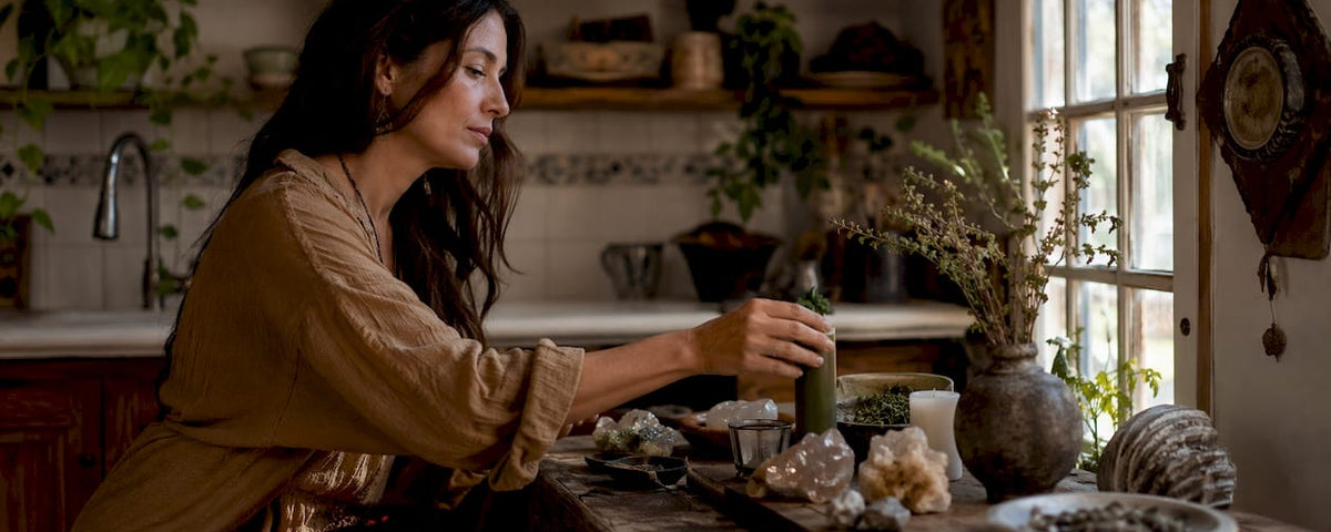 Entrepreneur setting up business altar at home office