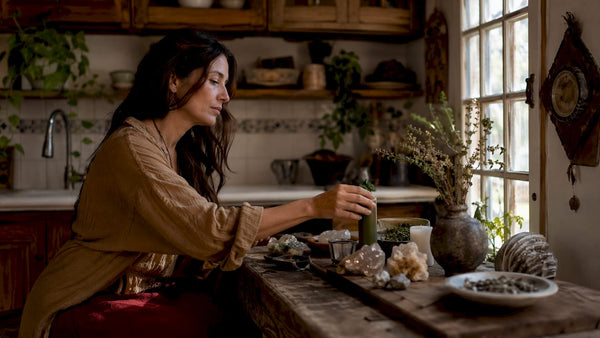 Entrepreneur setting up business altar at home office