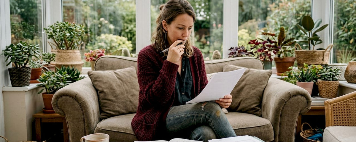 Entrepreneur reviewing business energy blocks in home office