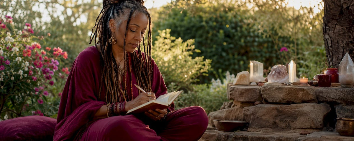 Woman journaling with spiritual altar background