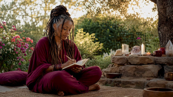 Woman journaling with spiritual altar background