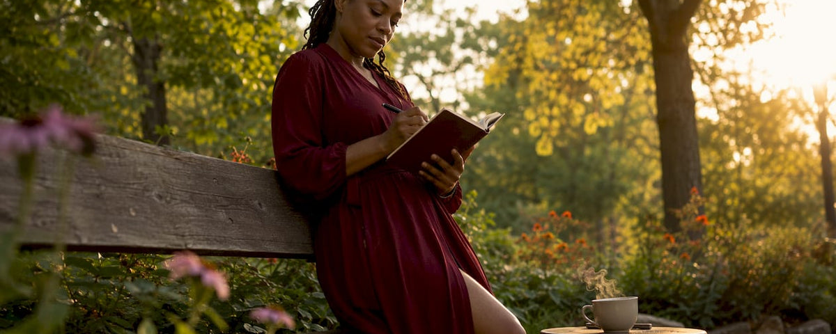 Woman journaling in cozy conference room
