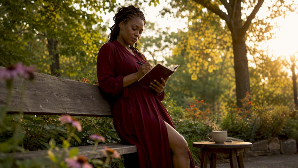 Woman journaling in cozy conference room