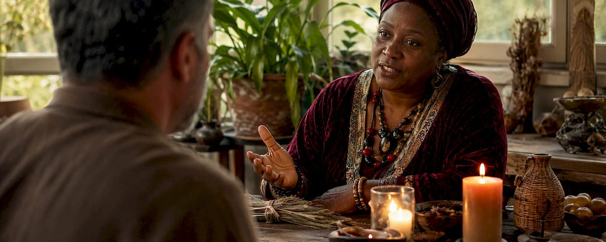 Voodoo practitioner consulting client at altar