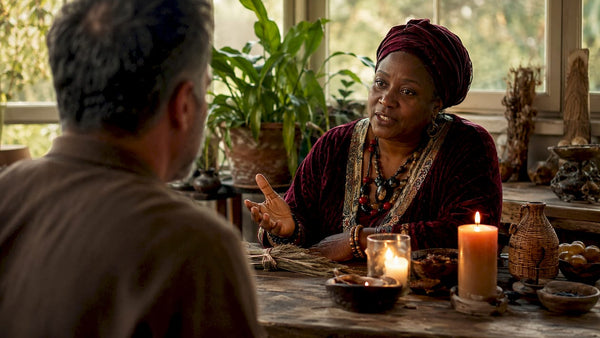 Voodoo practitioner consulting client at altar