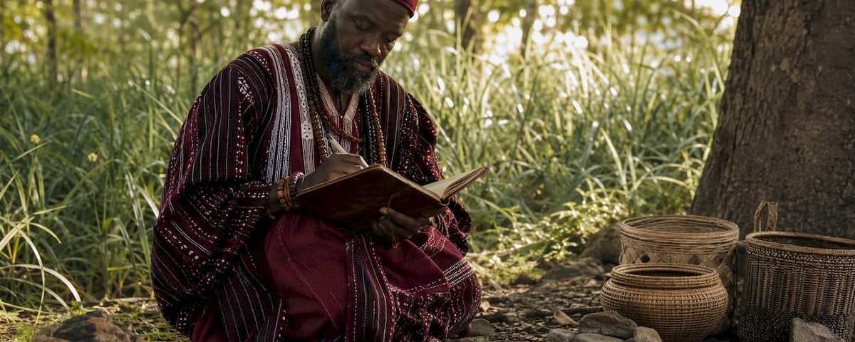West African spiritual healer writing notes in ritual hut