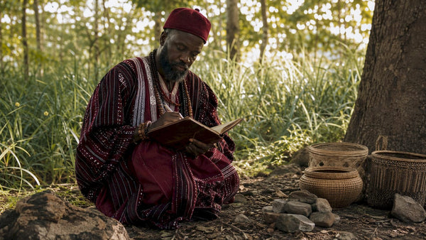 West African spiritual healer writing notes in ritual hut