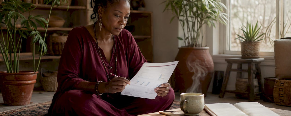 Woman reviewing business finances with Earth element objects