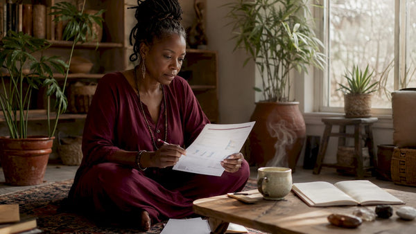 Woman reviewing business finances with Earth element objects