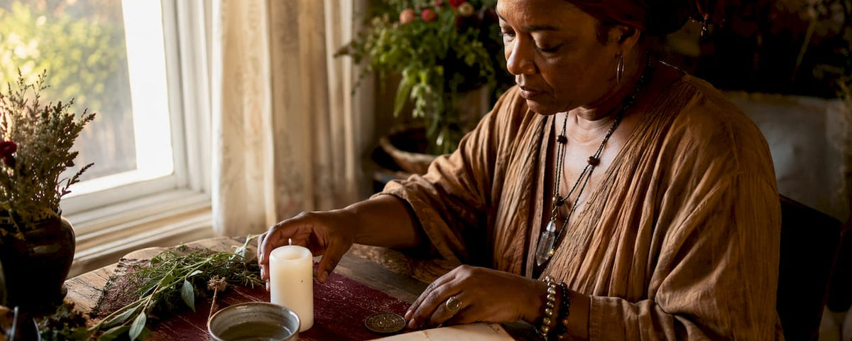Business owner preparing ritual tools at desk