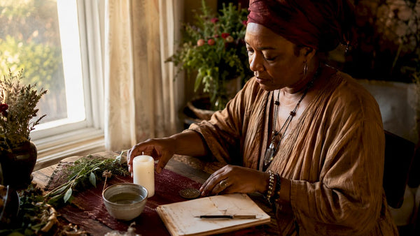 Business owner preparing ritual tools at desk