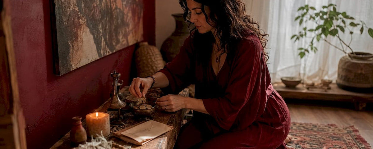 Woman preparing financial abundance ritual altar