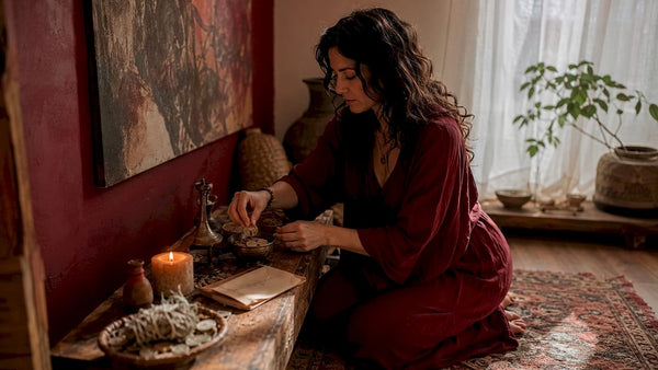 Woman preparing financial abundance ritual altar