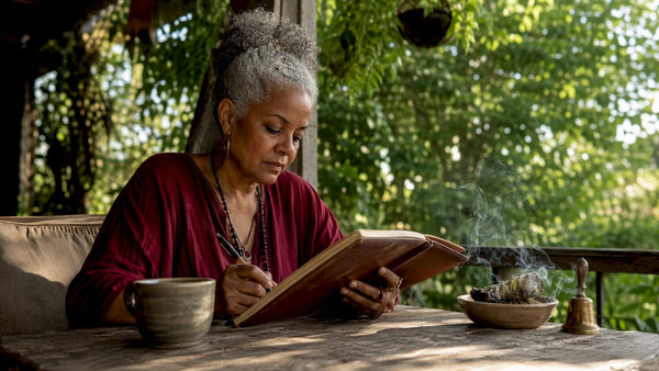 Spiritual practitioner reviewing client intake notes