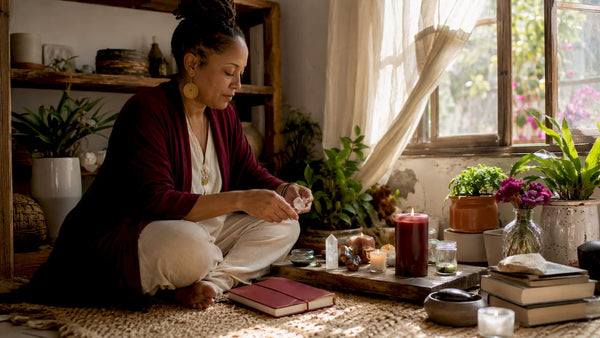 Businesswoman arranging spiritual altar at desk