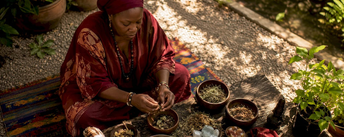 West African spiritual practitioner preparing ritual