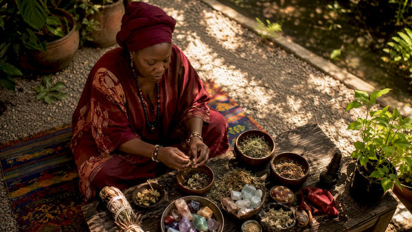 West African spiritual practitioner preparing ritual