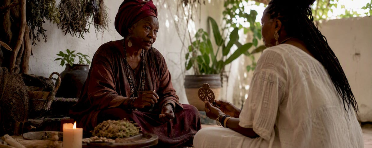 West African ritual consultation between practitioner and client