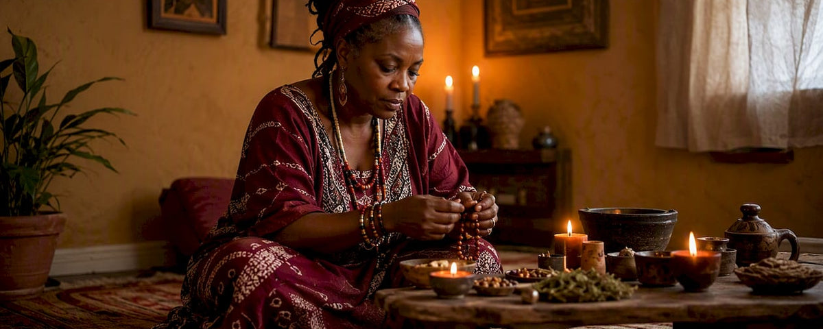 Woman preparing West African spiritual ritual indoors