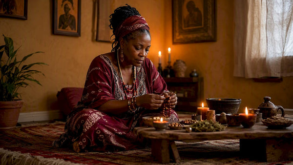 Woman preparing West African spiritual ritual indoors