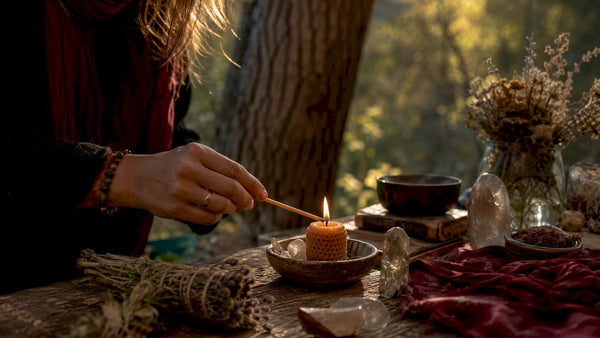 Hands lighting candle on spiritual altar