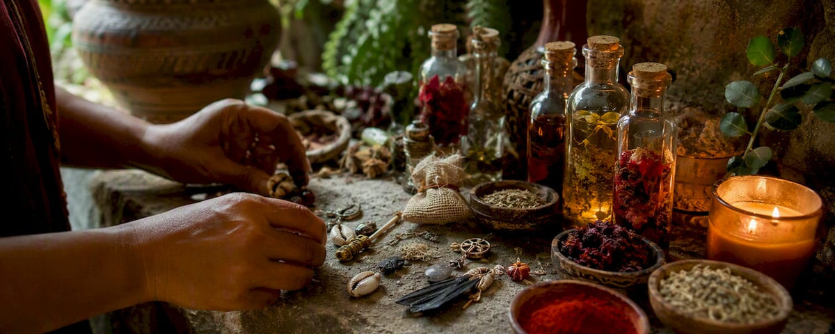 Hands arranging West African ritual items
