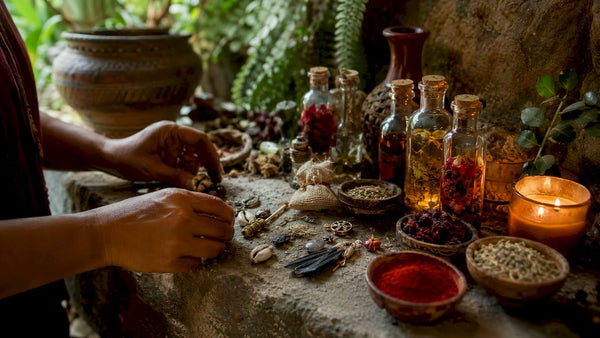 Hands arranging West African ritual items