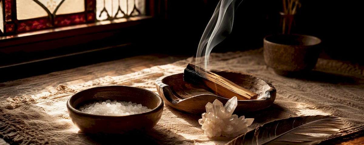 Palo santo smoke and cleansing ritual objects