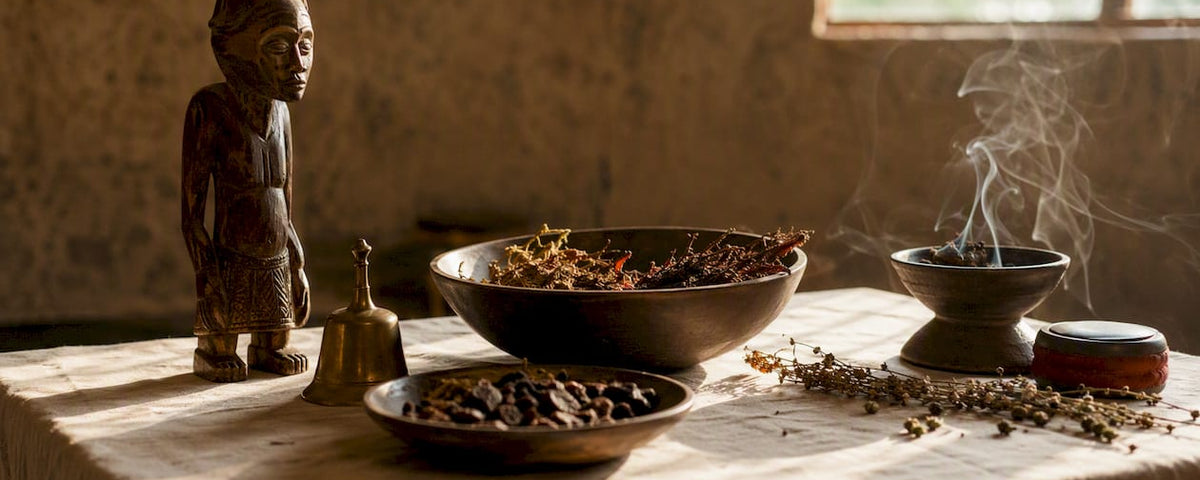 Traditional West African ritual objects on table