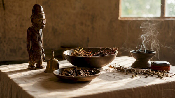 Traditional West African ritual objects on table