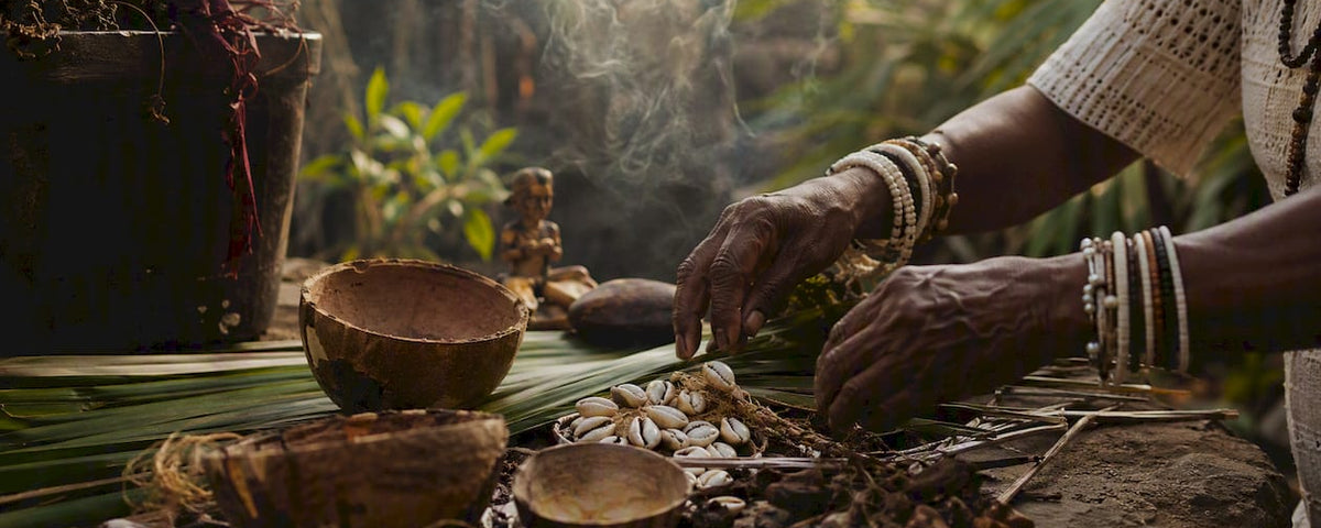 Hands arranging West African ritual objects on altar