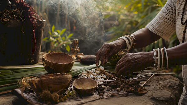 Hands arranging West African ritual objects on altar
