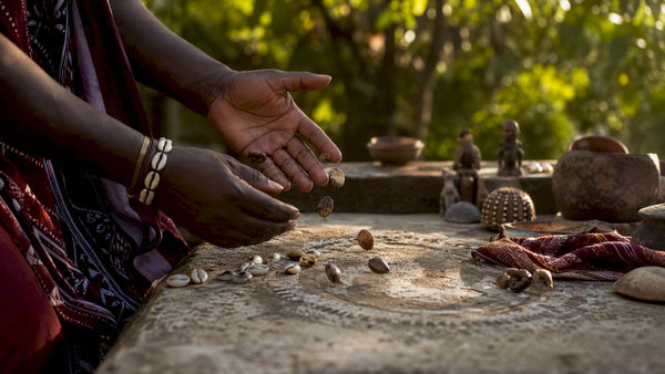 Hands casting Fa divination palm nuts