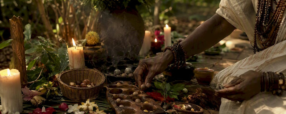 Hands arranging West African ritual objects on altar